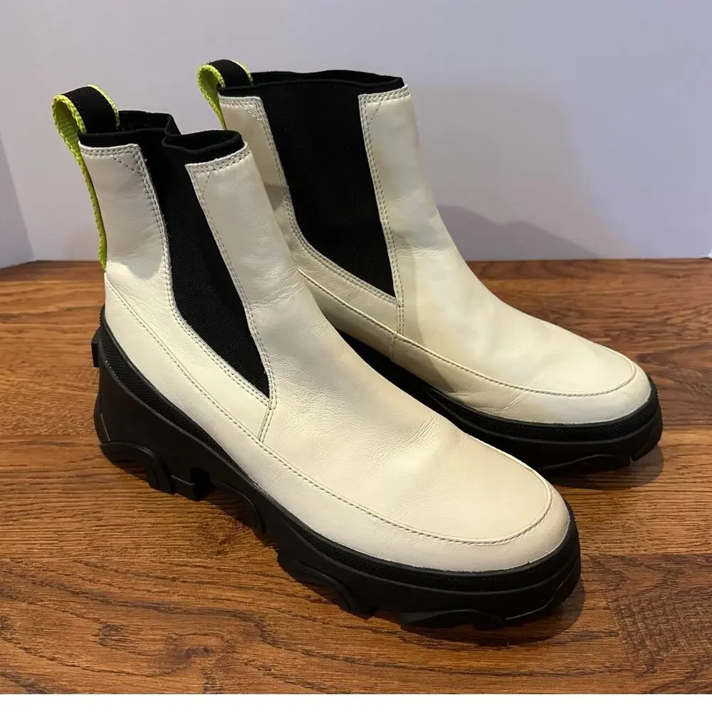 Sorel Brex Leather Chelsea Boots Chalk Black Women’s 9.5 Waterproof Modern Style